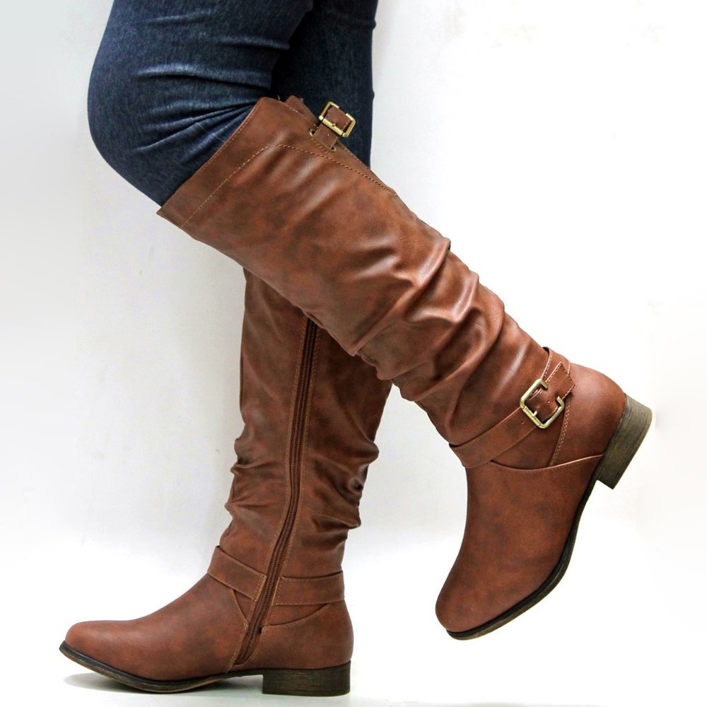 New Tan Scrunched Ruched Knee High Riding Boots - Picture 3 of 4